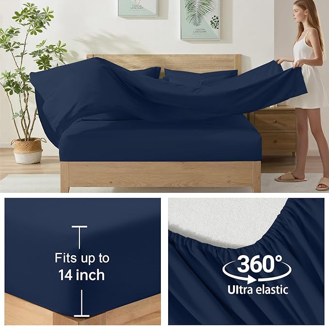 Homelike Moment Queen Comforter Set with Sheets, 7 Piece Navy Comforter Set Queen Size, Full Size Bed in a Bag Lightweight and Machine Washable