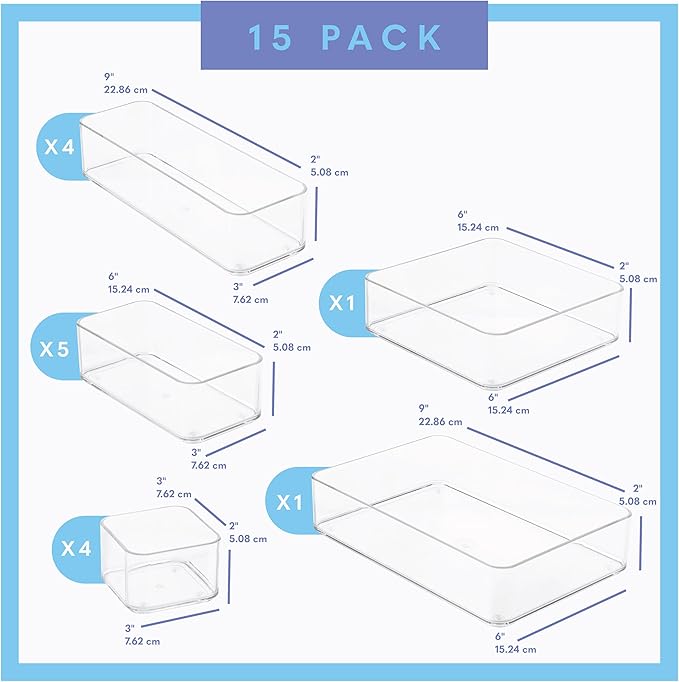 Fifteen Pieces. Plastic Clear Drawer Organizers. Bathroom, Kitchen, Bedroom, Utensils, Office Organizer Bins, Storage Trays. Heavy Duty, Stackable 5 Sizes.