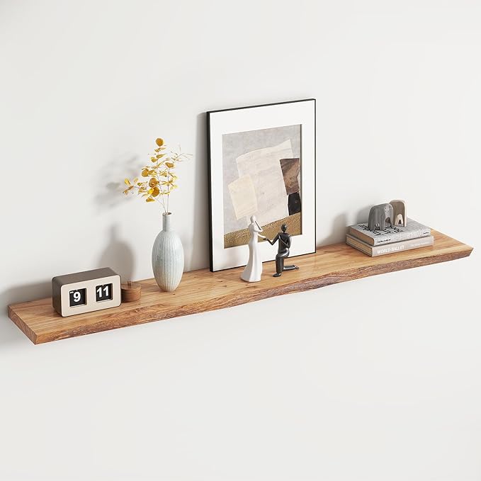 Rustic Elm Wood Floating Shelf for Wall, Live Edge 55"W x 9.2"D x 1.4"H, 1 Pack with Invisible Bracket, Large Wall Mounted Storage Shelf for Living Room Bedroom Kitchen Bathroom Decor, Natural Finish