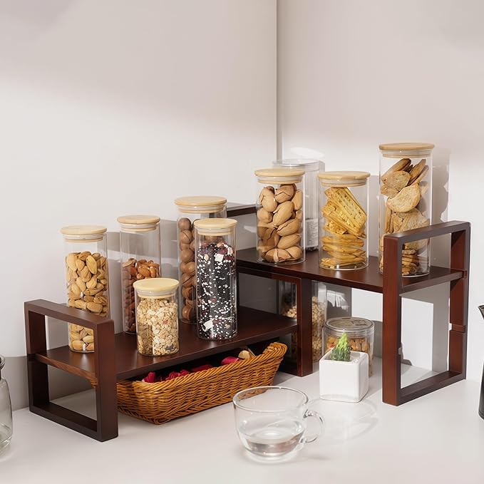 Desk Organizer - Adjustable & No Assembly Needed, Solid Pine Wood, Desktop Shelf Holds up to 130lbs for Office, Books, Bathroom Storage & Organization-Walnut Colour