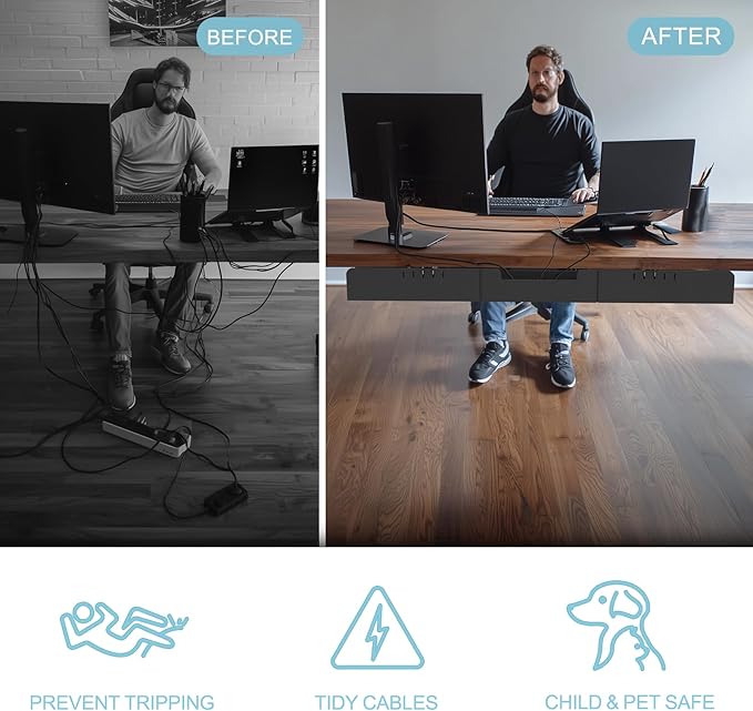 47.2" No Drill Under Desk Cable Management Tray, Felt Cable Organizer for Table, Adhesive/Screw Mount Cord Management Tray, Wire Organizer for Office Desk, Home Workspace