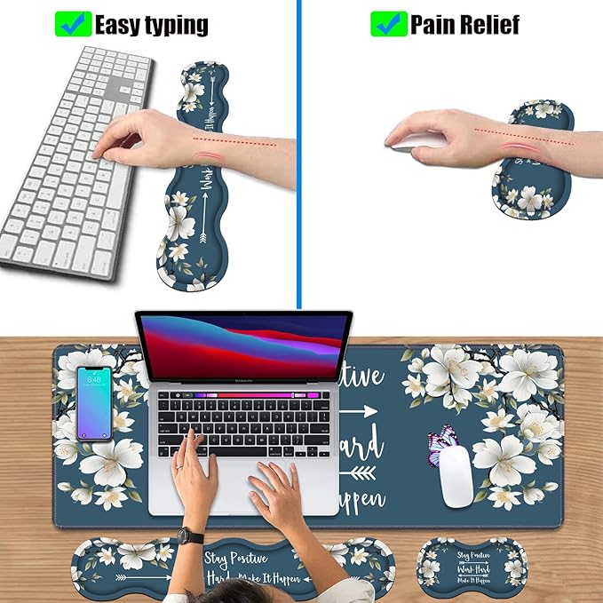 4 in 1 Ergonomic Keyboard Wrist Rest & Mouse Pad Wrist Rest Set,Stay Positive Work Hard and Make It Happen Inspirational Quote Large XXL Gaming Desk Mat with Non-Slip Base for Home Office Study Gaming
