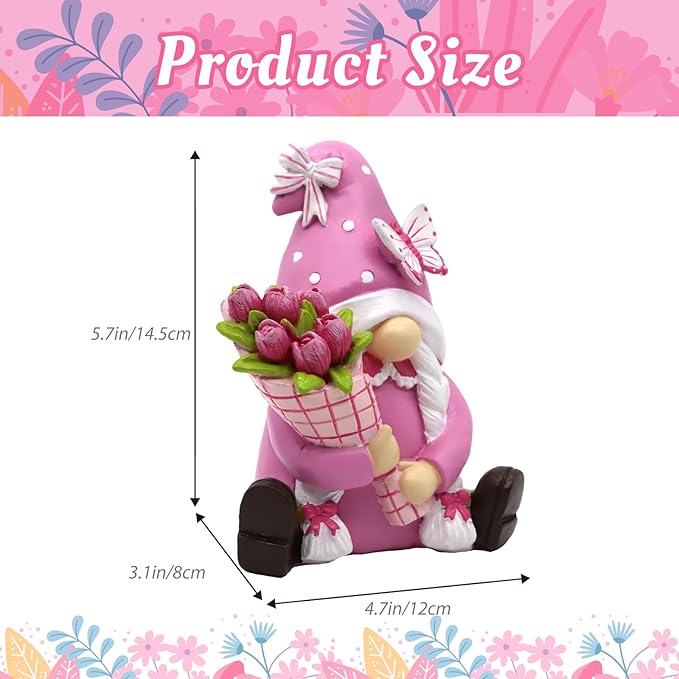 Spring Pink Gnome Figurine Decor- 5.7'' Waterproof Resin Summer Fairy Garden Statue Fall Decorations for Home - Summer & Retirement Gift for Women