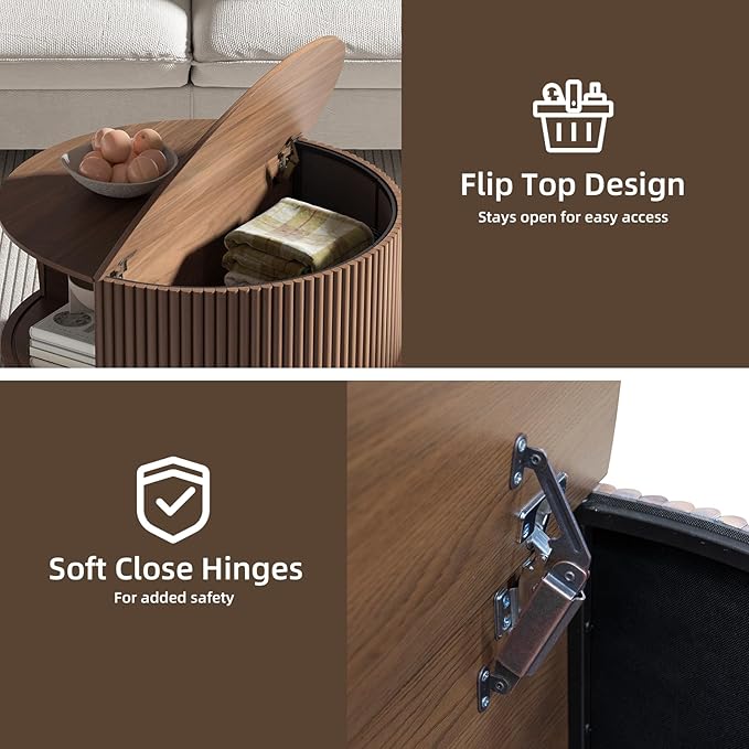 Round Coffee Table with Storage, 31.5" Center Table with Sliding Door,Fluted Small Coffee Table for Living Room,Walnut