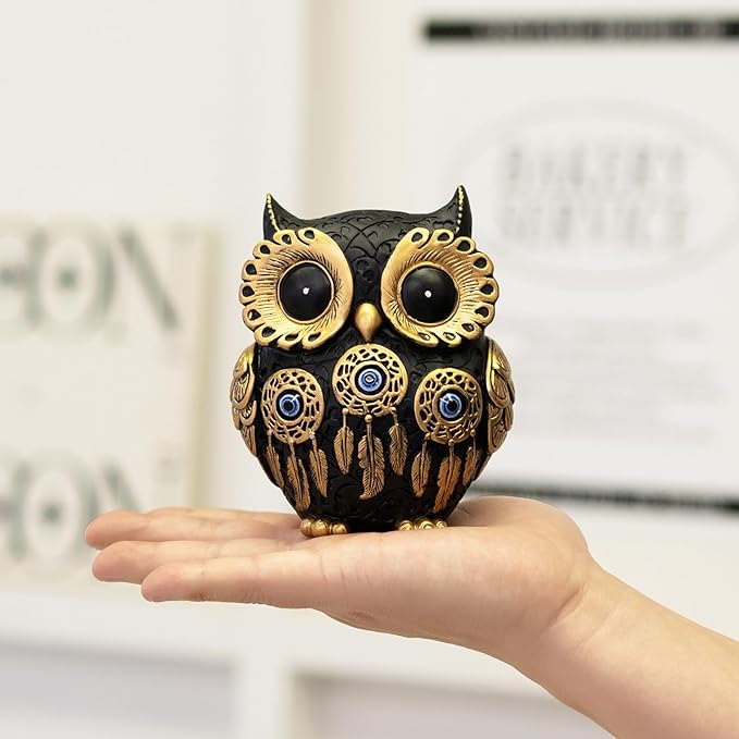 Vintage Black Owl Statue Home Decor - Evil Eye Accent for Bookshelf, Bedroom, Living Room, Office & Table. Cute Small Animal Sculpture Gift for Owl & Birds Lovers