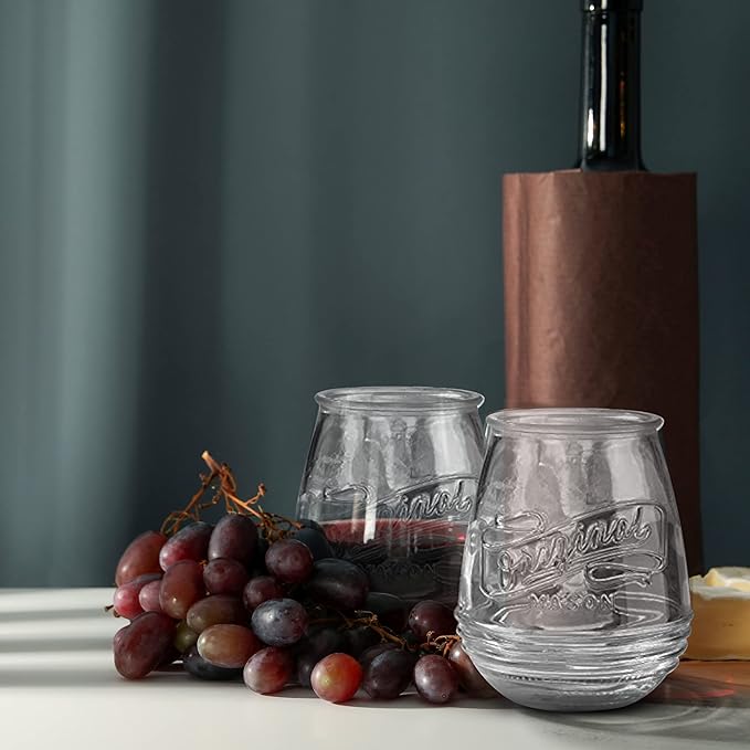 Glaver's Stemless Wine Glasses 21 Oz. Set Of 4 Original Mason Vintage Goblet Beverage Glasses Uses For Your Cocktail Lounge, Whiskey Parties, and Everyday Dinner Table. Dishwasher Safe. (Large)