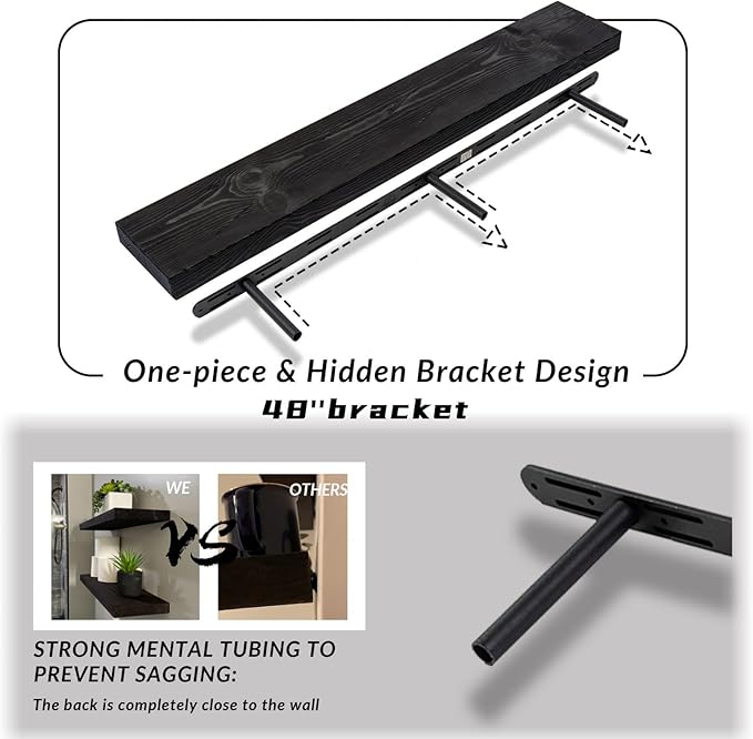 Rusitc Floating Shelves 48 inch Long 8 "deep Set of 2, Heavy Duty Wood Wall Mounted Shelves for Bathroom Living Room Kitchen,Book Shelves with Thickened Hidden Bracket-Black