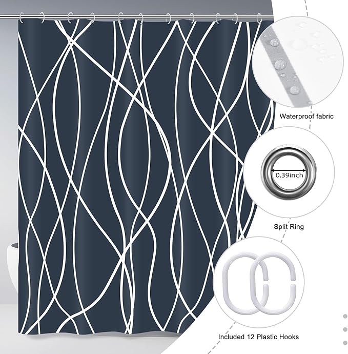 Punkray Aegean Blue Shower Curtain for Bathroom with Hooks, Shower Curtain Set, White Stripe Bath Curtains Decorative Shower Curtains Water Repellent Washable, 72 x 72