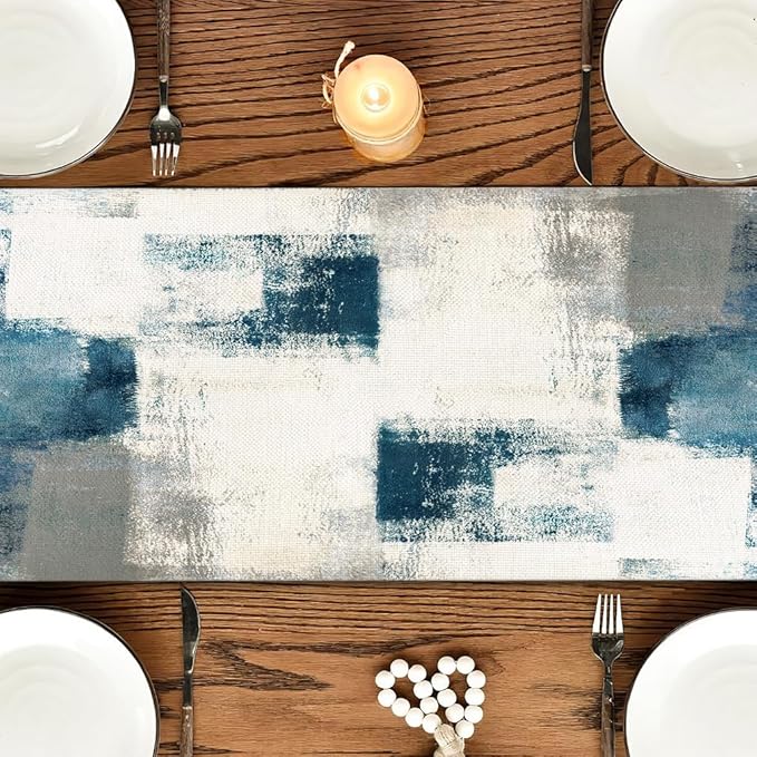 OYIMUA Teal and White Abstract Modern Table Runner, Art Rustic Kitchen Dining Table Decor for Holiday Home Party 13x72 Inches