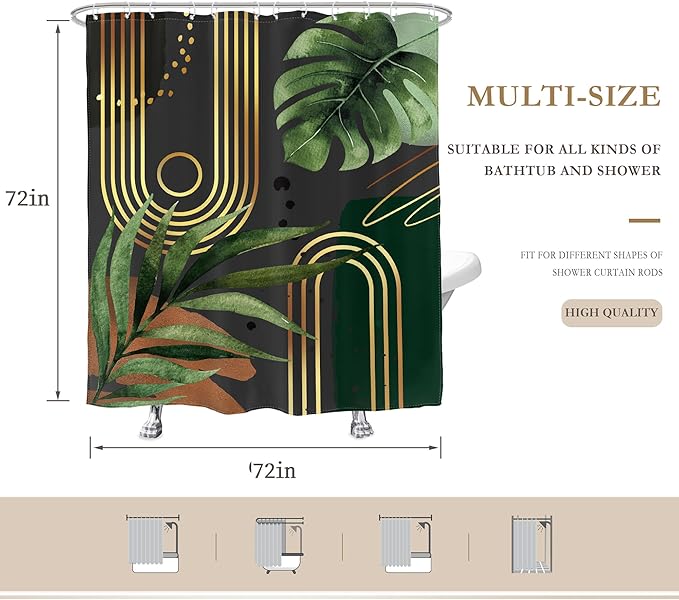 Glawry Dark Green Boho Shower Curtain Abstract Retro Mid Century Bathroom Minimalist Tropical Modern 72Wx72L Inches Bath Accessories Art Home Decor Fabric 12 Pack Hook