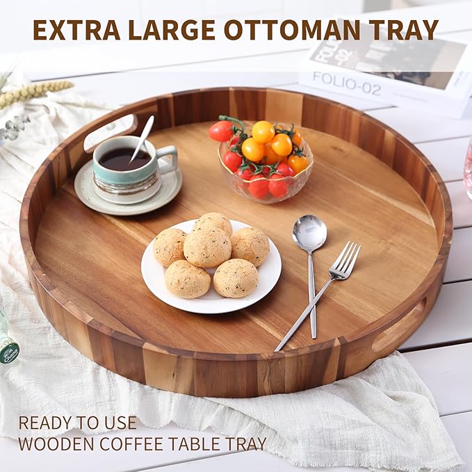 Extra Large 20" Acacia Wood Tray with Handles - Wooden Serving Tray for Ottoman, Coffee Table, Charcuterie, Bed & Breakfast - Rustic Modern Style