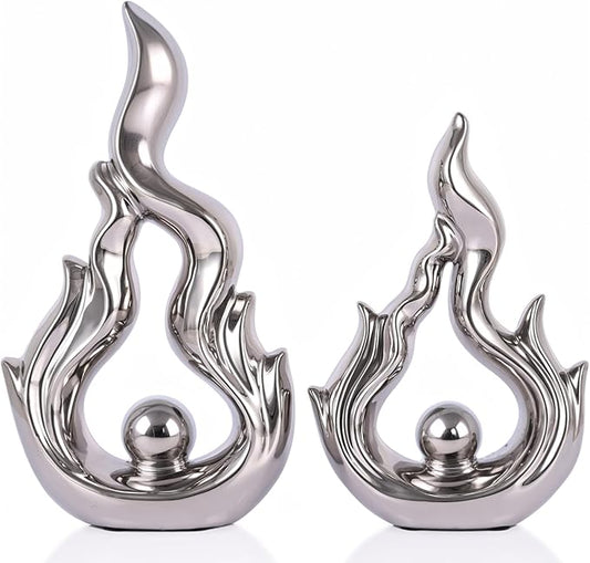 2 Pcs Silver Ceramic Sculptures for Home Decor, Modern Abstract Art Statues, Centerpieces for Dining Room Table, Living Room, Shelf, Mantel, Coffee Table, Entryway Accent Decorations