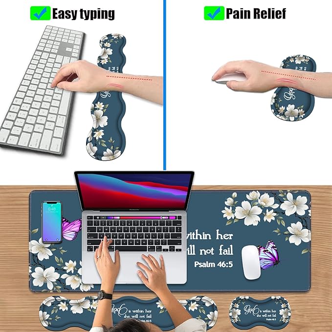 4 in 1 Ergonomic Keyboard Wrist Rest & Mouse Pad Wrist Rest Set,Large XXL Gaming Desk Mat 31.5"x 11.8" with Non-Slip Base,Memory Foam for Home Office Study Gaming,Floral Quote Bible Verse Psalm 46:5