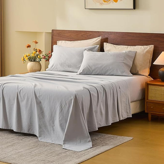 MEISHANG 100% French Pure Linen Sheets Queen Size - 6 PC Extra Deep Pocket Sheet Set, Soft Durable Flax Linen, Anti-Tear Breathable & Oeko-Tex Certified 18-24 Deep Pocket,All Season(Silver Grey)