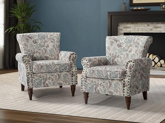 HULALA HOME Modern Wingback Accent Chairs Set of 2 with Wood Legs & Removable Cushion, Comfy Upholstered Armchairs with Nailhead Trim, Floral Pattern Single Sofa Chairs for Living Room Bedroom, Grey