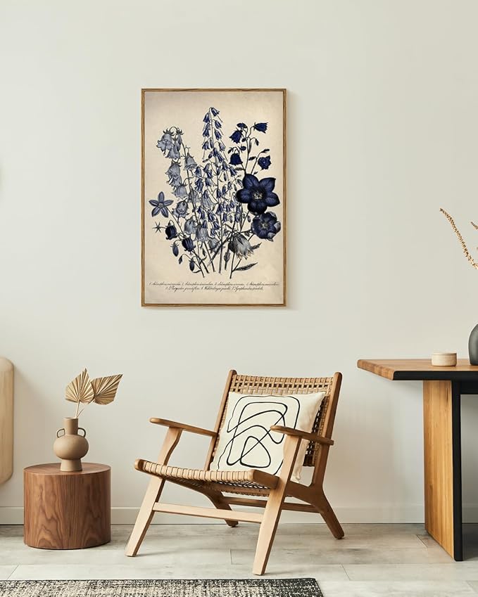 VIYYIEA Vintage Framed Botanical Wall Art Decor, Living Room Bedroom Blue Campanula Pictures Retro Wall Decor, Framed Canvas Prints Artwork, Farmhouse Flower Paintings,16x24 Inch