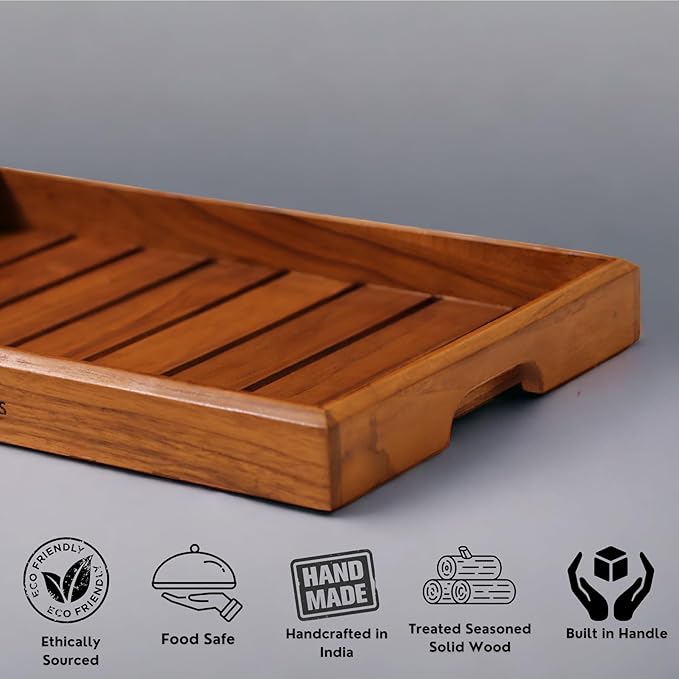 Vesta Homes Large Teak Wood Serving Tray for Home, Kitchen, Breakfast, Restaurant, Office Organizer, Dining Table | Premium Wooden Tray |15 * 10 * 1.5 Inches | Handmade in India