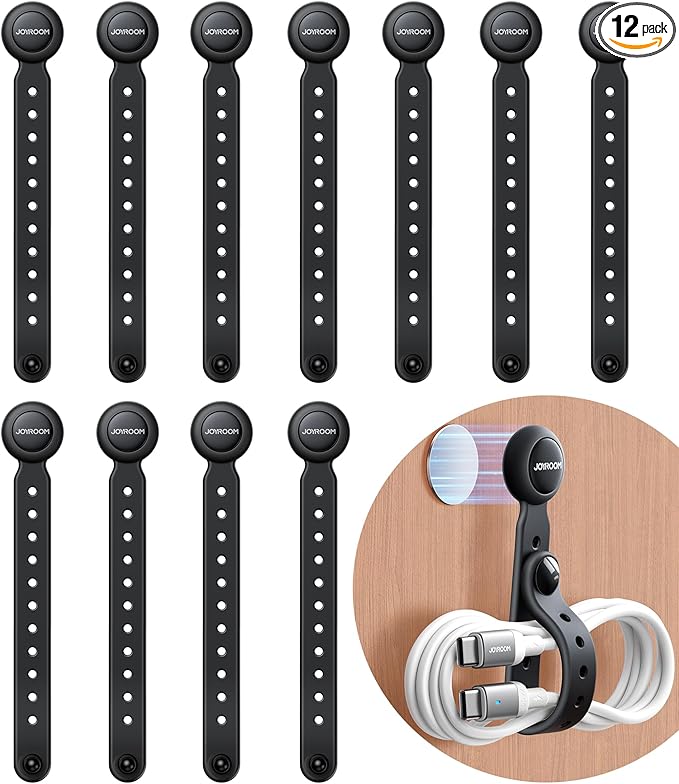 2025 Upgraded Magnetic Cable Ties with Magnets for Bundling & Cable Management– JOYROOM Reusable Silicone Cord Ties Multi-Purpose Cord Organizer Clips for Home, Office & Travel (12-Pack,Black)