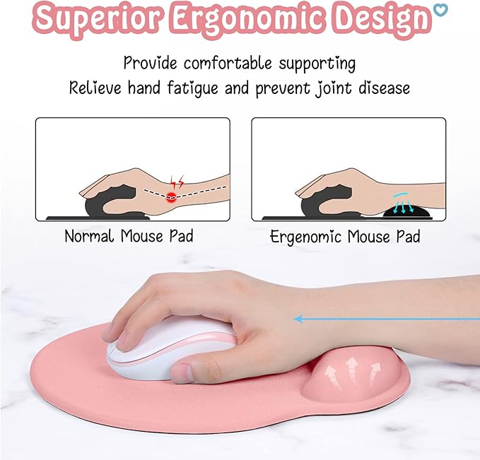 Hsurbtra Ergonomic Mouse Pad with Wrist Rest Support, Gel Mouse Pads with Non-Slip PU Base, Pain Relief Memory Foam Computer Mat, Cute Office Supplies Desk Decro Accessories, Rose Gold