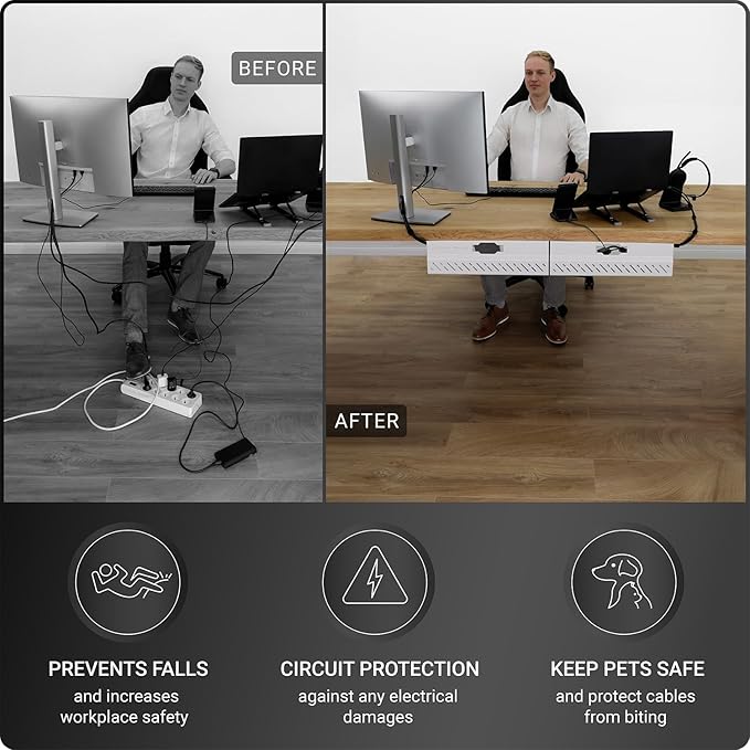 Under Desk Cable Management Tray no Drill – Wire Management - Cord Organizer – Huge Load Capacity – Under Desk Cable Tray no Drill (White, 2 Pieces Set)