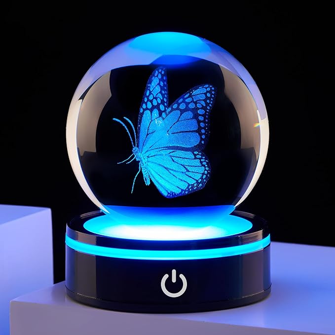 3D Crystal Ball Butterfly Statue, Colorful LED Base, Birthday Gifts for Men and Women, Gratitude Gifts, Family, Teachers, Friends, Girlfriends, Butterfly Decoration Glass Ball
