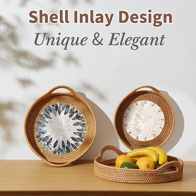 Handwoven Serving Tray with Handles, Set of 3 Round Ottoman Tray with Shell Inlay, Decorative Ratten Trays for Coffee Table, Farmhouse, Kitchen Counter, Housewarming Gift (13.4", 11.8", 10.6")