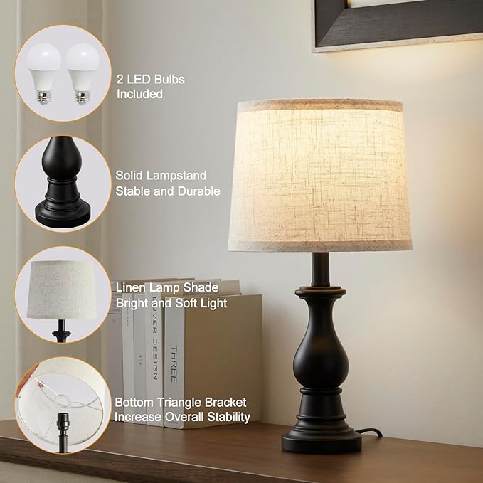 Vintage Table Lamp for Living Room Bedroom, 18.5" Farmhouse Bedside Lamps Nightstand Lamp Set of 2, Table Lamps with Oatmeal Linen Lamp Shades, 2 LED Bulbs Included, Black