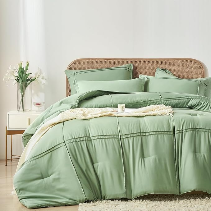 Yogeneg Queen Comforter Set 7 Piece Bed in a Bag,Grid Pinch Pleat Sage Green Bedding Set,Striped Textured Soft Microfiber Comforter with Sheet Set,All Season Complete Bed Set(Sage Green,Queen)