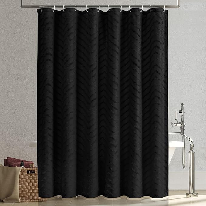 Extra Long Black Boho Shower Curtain 84 Inch Black Tufted Chevron Striped Fabric Shower Curtains for Bathroom Modern Shabby Chic Waterproof Cloth Shower Curtain Set with Hooks