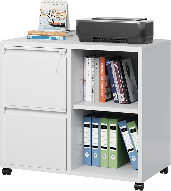 DEVAISE Metal Lateral File Cabinet with Lock, 2 Drawer Mobile Filing Cabinet with Shelf, Rolling Printer Stand fits Letter/A4 Size for Home Office, White