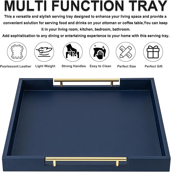 Navy Blue Faux Leather Decorative Tray,Large Square Serving Tray with Handles,coffee table tray for Home decor,Large Ottoman Tray for Living Room,Bathroom, 20 x 20in