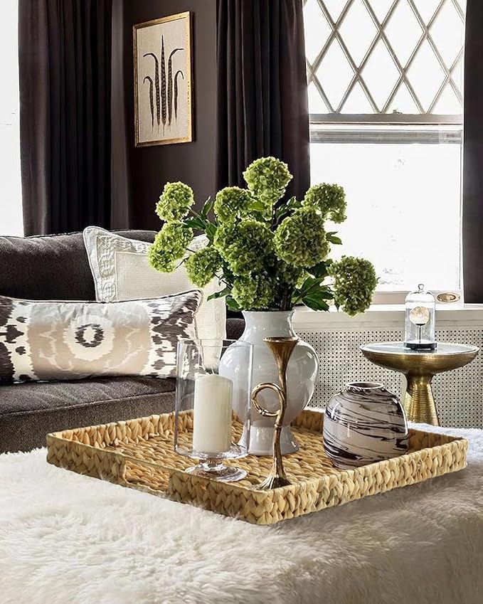 Extra Large Square Ottoman Table Tray 19.7" with Handles - Water Hyacinth Wicker Serving Tray for Farmhouse Decorative Oversized Coffee Table Trays Living Room Kitchen Counter Breakfast (Flush Edge)