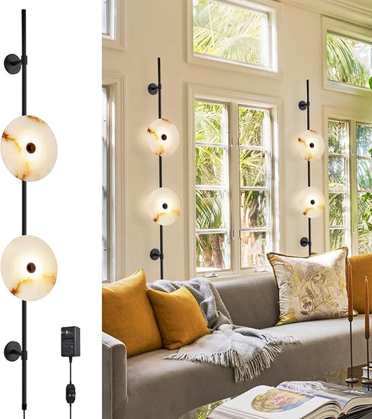 Alabaster Wall Sconce,8W Round Natural Marble Plug in Wall Sconce Lamp Cord with Knob Dimmer Switch, Indoor LED Modern Wall Lamp for Bedroom, Stairs, Living Room, Bedside, Hallway (Black)