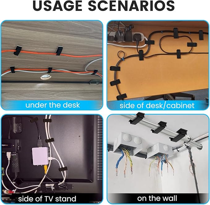 Adhesive Cable Management Clip (20Pcs Black),Cord Management Under Desk,Wire Organizer for TV PC Ethernet HDMI Extension Cord Power Plug
