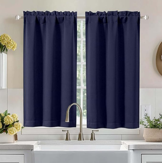 Aiyufeng Navy Blue Short Blackout Curtains for Bedroom 45 Inches Long 2 Panels Set, Solid Thermal Insulated, Energy Saving Window Treatment Curtains Blackout Drapes, W40 x L45 Inch, Navy Blue