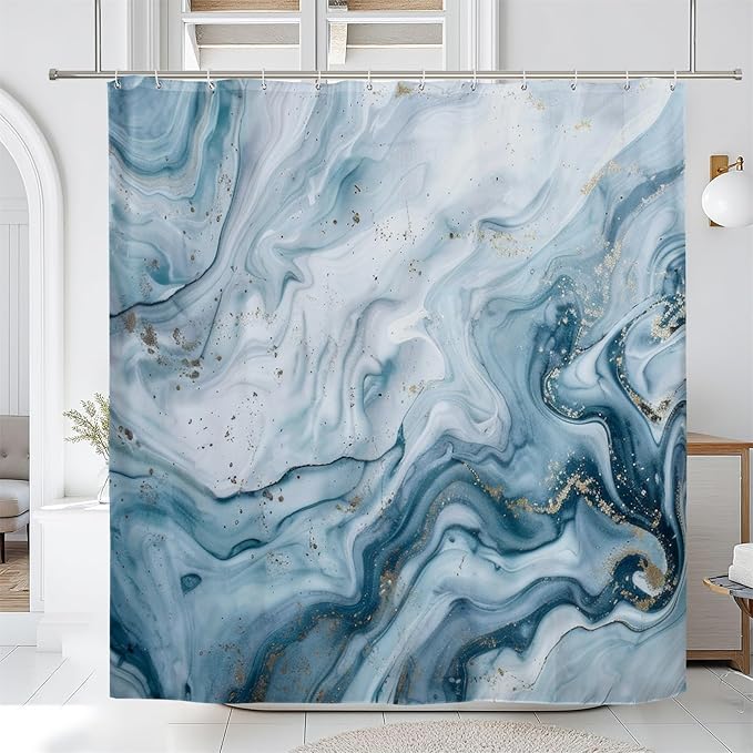 Renaiss Blue Marble Shower Curtain Modern Abstract Blue White Ombre Luxury Art Bathroom Shower Curtain Glitter Waterproof Shower Curtains Set with Hooks Pretty Bathtub Decor 60" W x 72" L