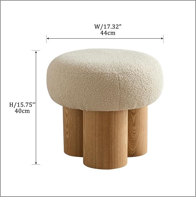 Small Round Foot Stool, Teddy Fabric Ottoman with Non-Skid Legs, Modern Footrest for Under Desk, Sofa Couch, Shoe Changing Bench for Entryway, Living Room, Bedroom, Office (Beige)