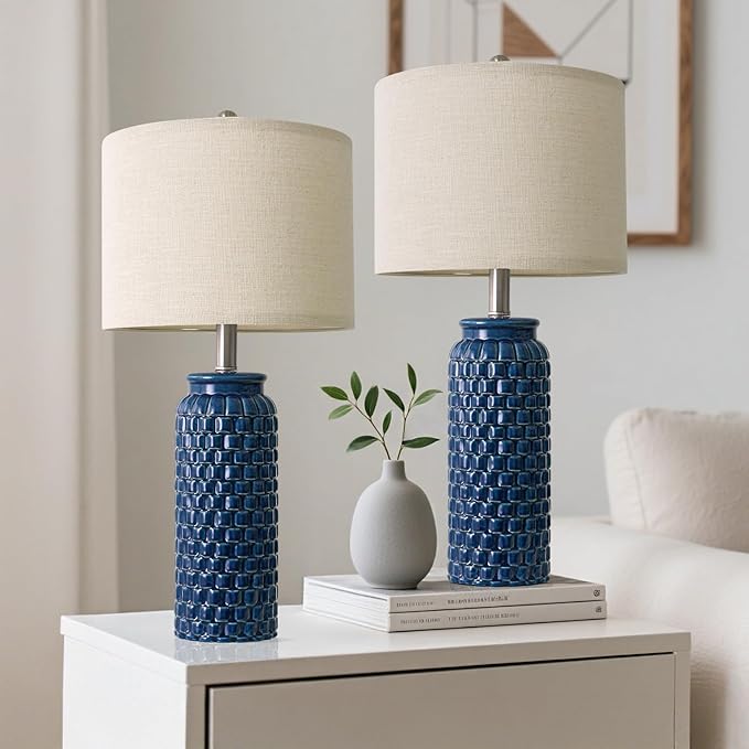 24 inches Modern Ceramic Dark Blue Bedside Lamp Set of 2 for Bedroom Decor Farmhouse Table Lamp for Living Room Office Dorm
