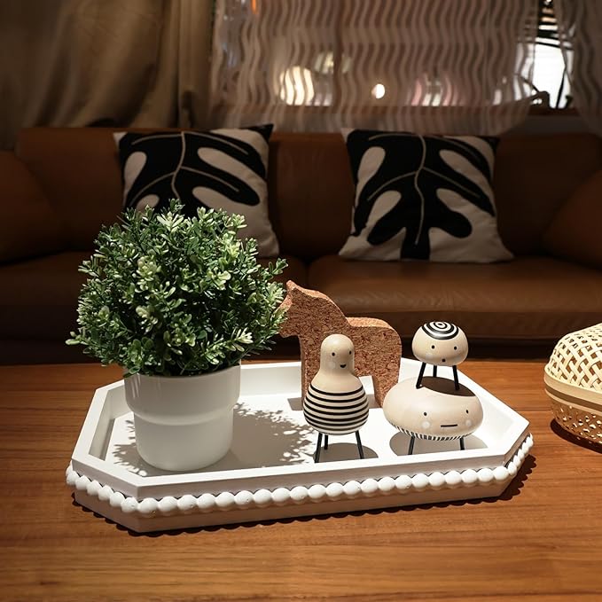 White Wood Serving Tray with Beads, Farmhouse Decorative Tray for Table Centerpiece, Christmas Wedding Halloween Home Decor