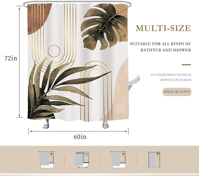 Glawry Boho Brown Shower Curtain 60Wx72L Inches, Abstract Bohemian Mid Century Bathroom Curtains, Plant Botanical Palm Leaf Shower Curtain Set Bath Accessories Fabric Waterproof 12 Hooks