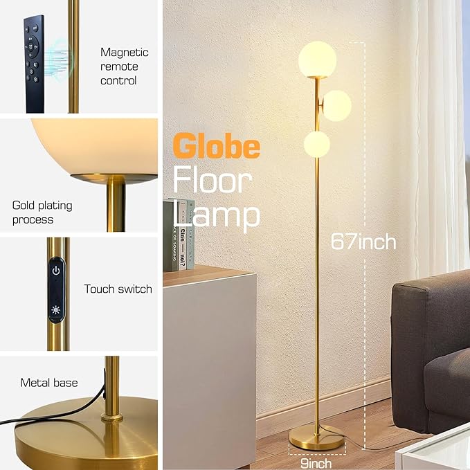 Mid Century Gold Floor Lamp,Dimmable LED Brass Floor Lamp Touch Control with Remote,Vintage Modern 3 Globe Standing Lamp for Corner,Living Room,Bedroom