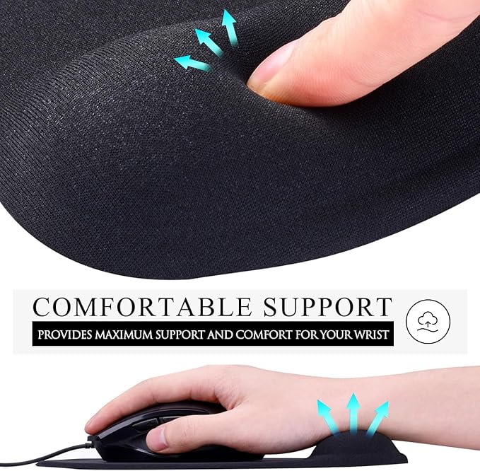 JIKIOU Mouse Pad, 2 Pack Ergonomic Mouse Pads with Comfortable Gel Wrist Rest Support and Smooth Cloth, Non-Slip PU Base for Easy Typing Pain Relief Durable and Easy to Clean Small Black