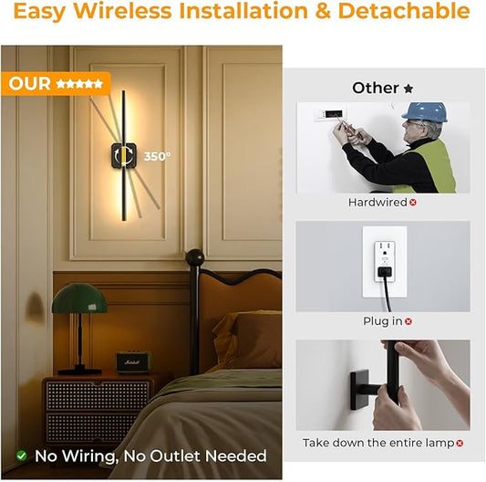 Battery Operated Wall Sconce Detachable 360°Rotate, Wireless Wall Lamp 3000-6500K Dimmable, 10000mAh Rechargeable Wall Light for Bedroom, Living Room，28" Black Gold (1 Pack)