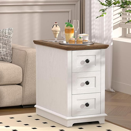 HIFYOBRO 3 Drawers End Table with Flip Top Charging Station, Type-C & USB Port & Power outlets, Wooden Storage End Table, Side Table with Storage for Living Room and Bedroom