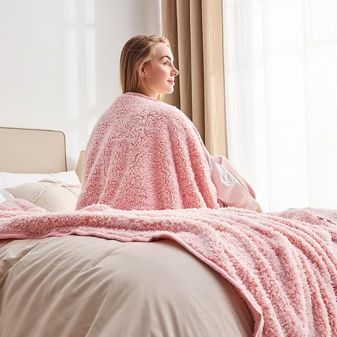 EMME Soft Sherpa Fleece Blanket Reversible Plush Fluffy Large Blanket, Light Weight Warm Decorative Boho Blanket Cover for Sofa, Couch, Bedroom,Travel(Plush Pink,108"x90")
