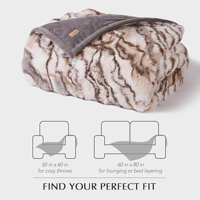 EverGrace Ultra Soft Luxury Fluffy Faux Rabbit Fur Throw Blanket, Thick Warm Bubble Throw for Bed, Cozy Plush Reversible Blankets for Couch, Chair, Sofa, Beige & Gray, 60x80 Inches