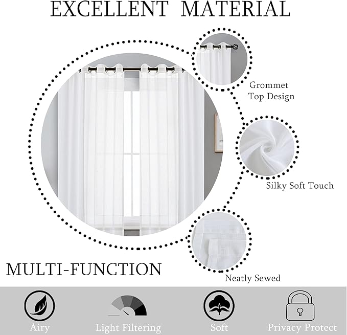 Randall Linen Sheer Window Curtain Panel Pairs 108 Inches Extra Long for Living Room with Grommets/Eyelets Rustic Window Treament Drape Set Bedroom Farmhouse- 54x108 Inch, 2 Panels, Snow White