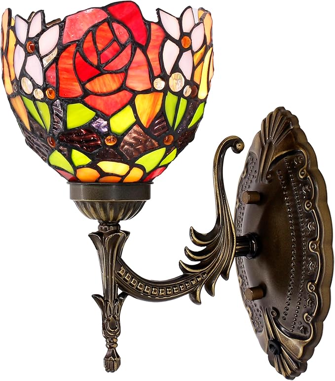 Tiffany Wall Sconce Lamp Blue Stained Glass Flower Style 6X10.5X11 Inch Plug in Wall Bedside Light for Hallway Bedroom (Red Rose Style)