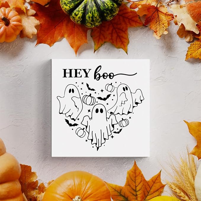 HTBIG Funny Halloween Pooky Ghost Decor Office Wood Box Sign Home Rustic Farmhouse Square Desk Decor Sign for Shelf Room Desk 5 x 5 Inch