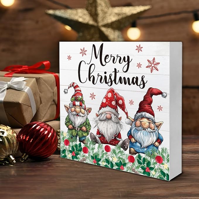 Christmas Signs, Merry Christmas Wooden Sign Decor, Christmas Gnomes Wooden Block Sign, Indoor Christmas Decor for Table Shelf 5 x 5 Inch